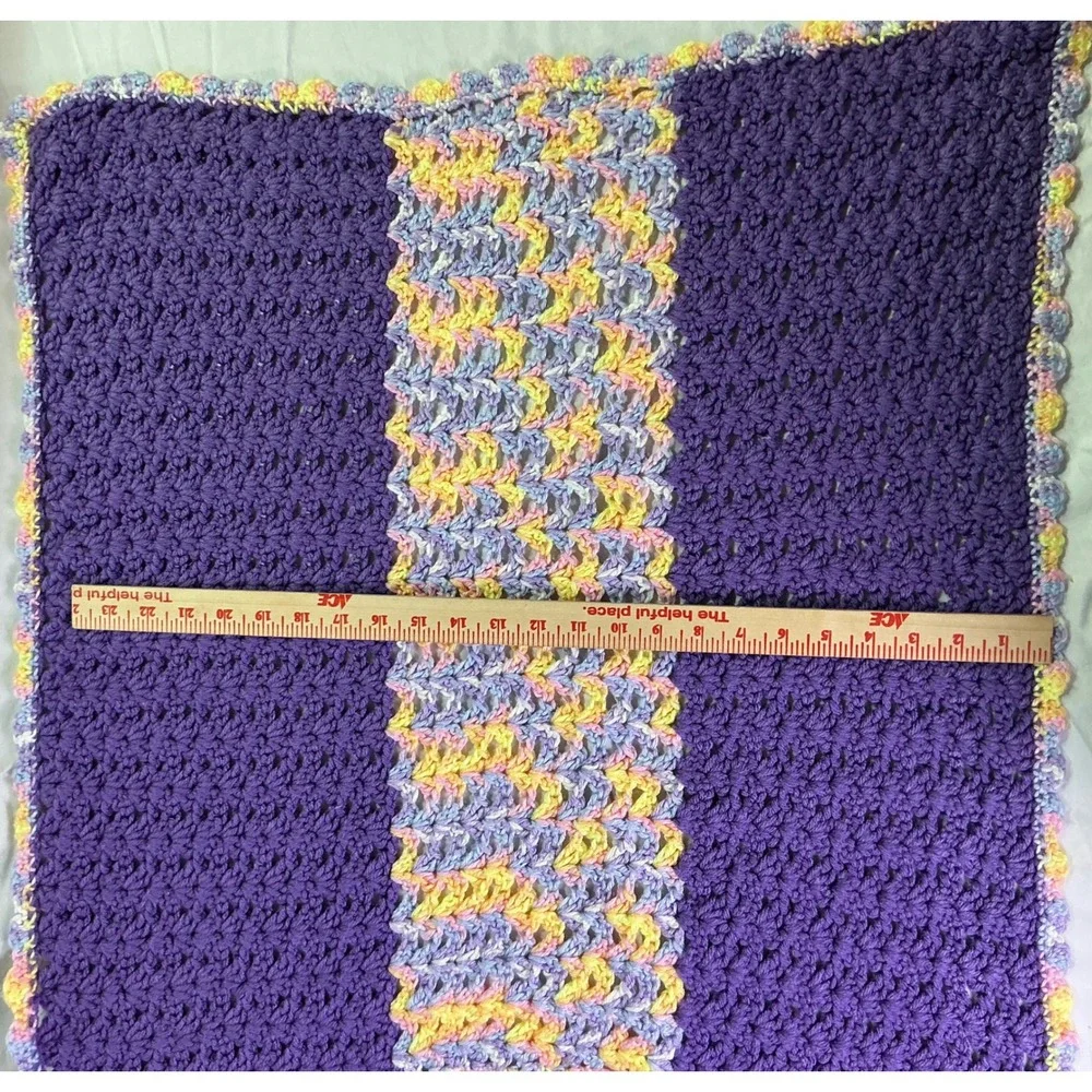 Vintage Handmade Crochet Baby Blanket Purple Pastel Throw 24x24 Cottagecore